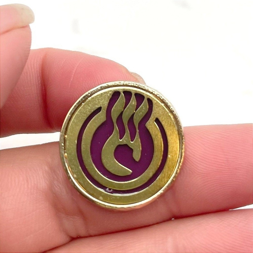 Vintage Gold Tone Round Lapel Pin Flame Logo Purple Enamel Tie Tac Brooch Badge